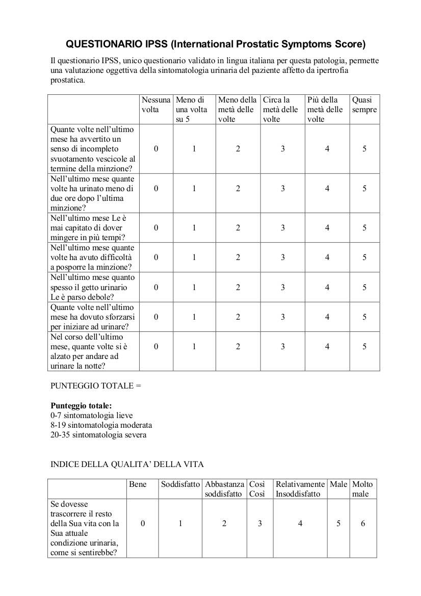 Sintomi ipertrofia prostatica questionario